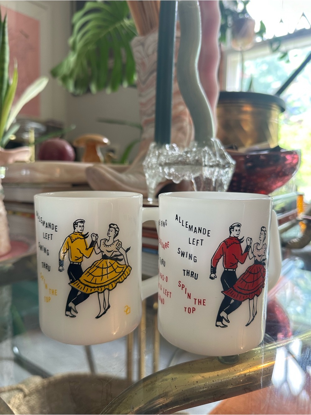 Vintage MCM Federal Glass Milk Glass Square Dancing Mug Black Red